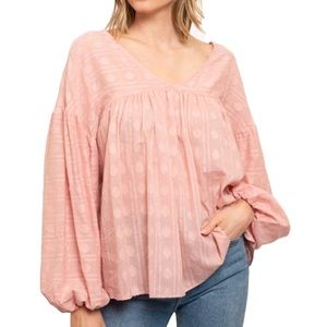Pink V-neck Boho Balloon Sleeve Tunic Top Blouse